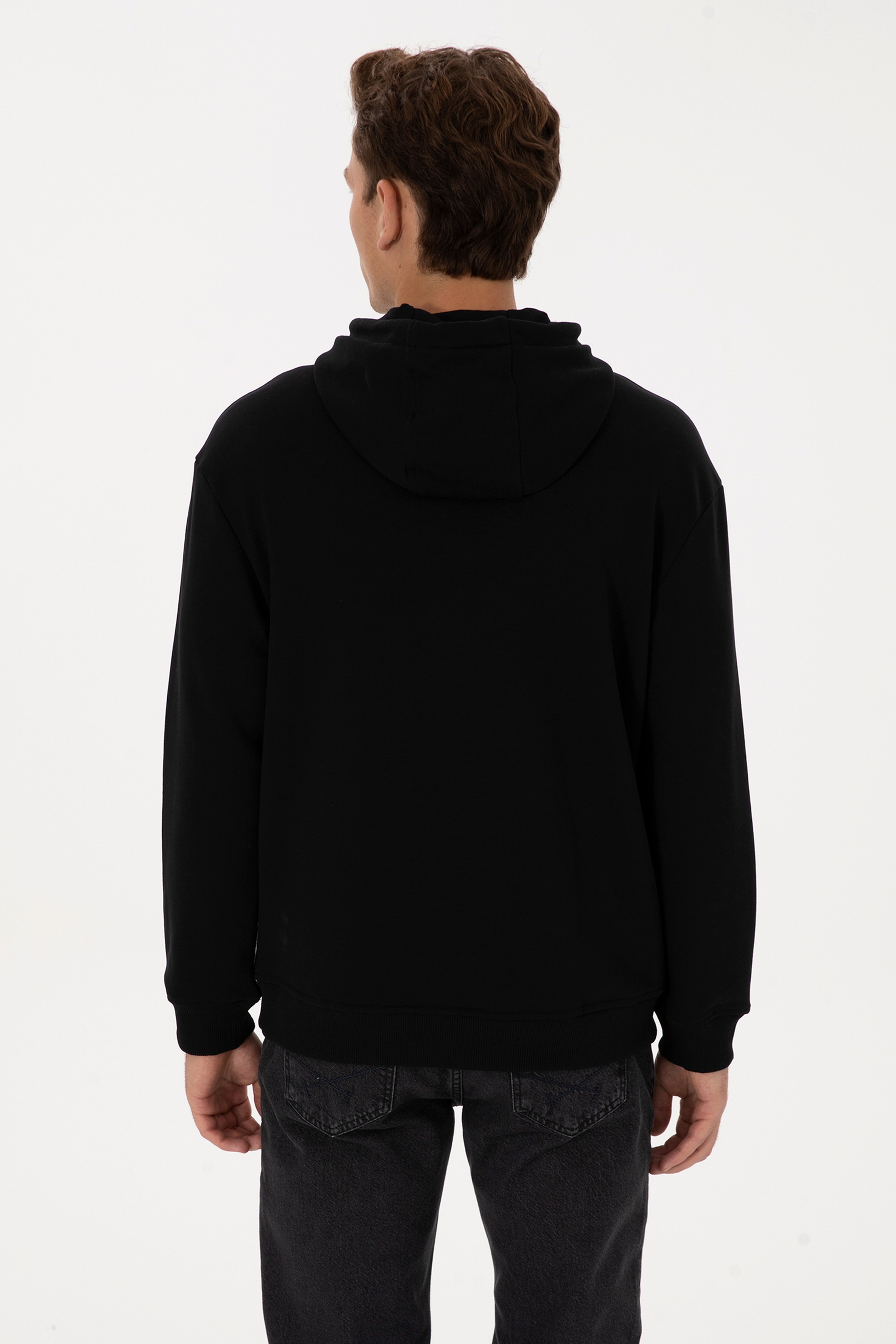 Erkek Comfort Fit Kapüşonlu Siyah Basic Sweatshirt - Image 5