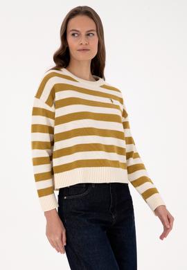 Kadın Krem Çizgili Bisiklet Yaka Kazak - 50314653013