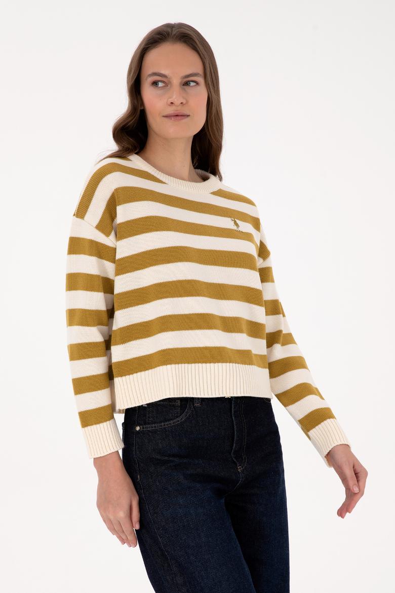 Kadın Krem Çizgili Bisiklet Yaka Kazak - 50314653013