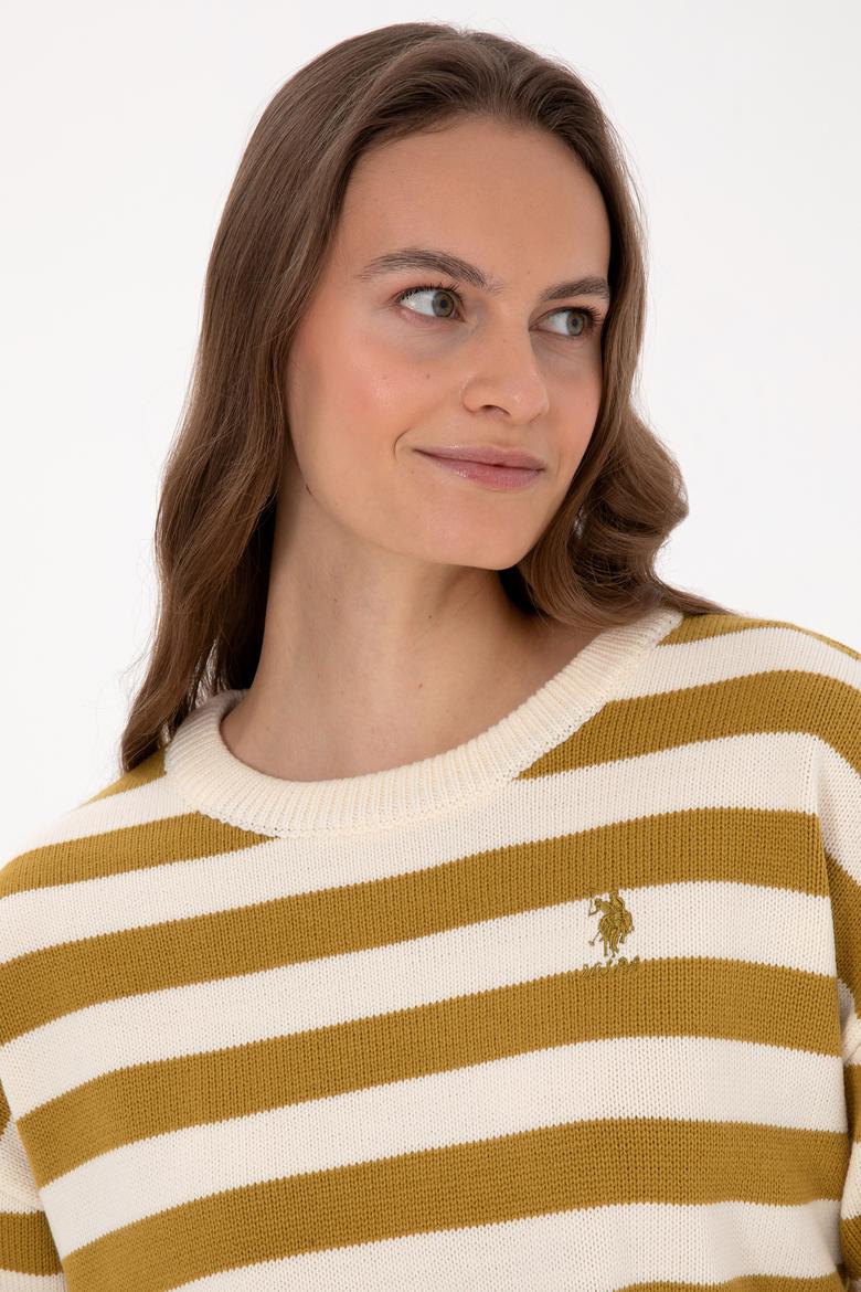 Kadın Krem Çizgili Bisiklet Yaka Kazak - 50314653013