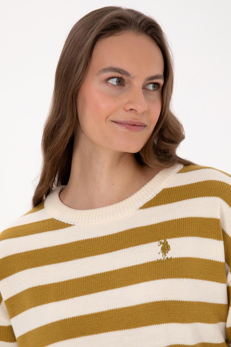 Kadın Krem Çizgili Bisiklet Yaka Kazak