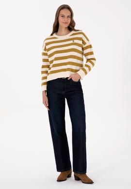 Kadın Krem Çizgili Bisiklet Yaka Kazak - 50314653013