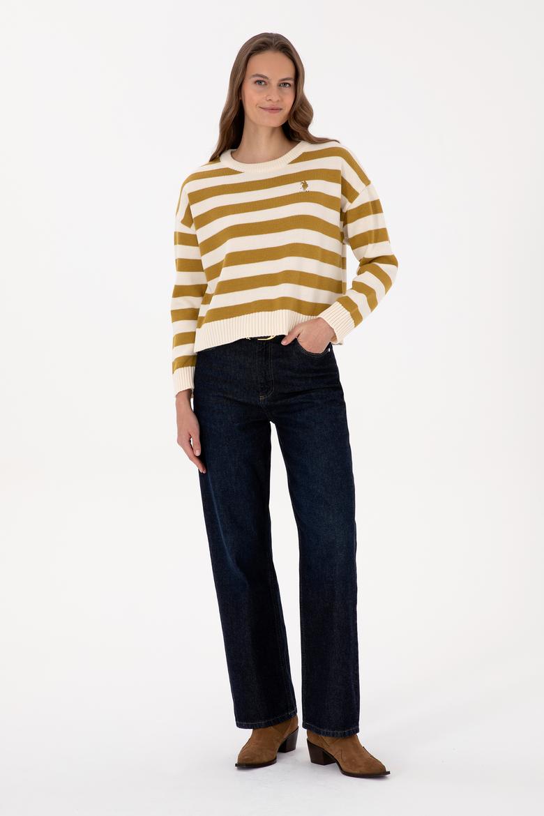 Kadın Krem Çizgili Bisiklet Yaka Kazak - 50314653013