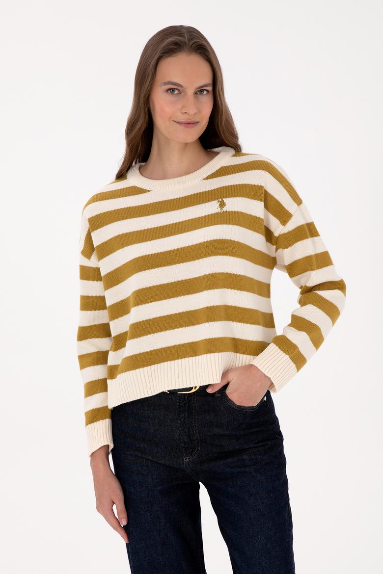 Kadın Krem Çizgili Bisiklet Yaka Kazak
