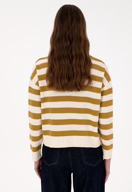 Kadın Krem Çizgili Bisiklet Yaka Kazak - 50314653013