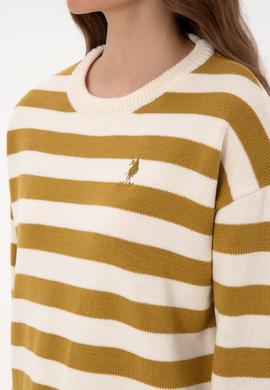 Kadın Krem Çizgili Bisiklet Yaka Kazak - 50314653013