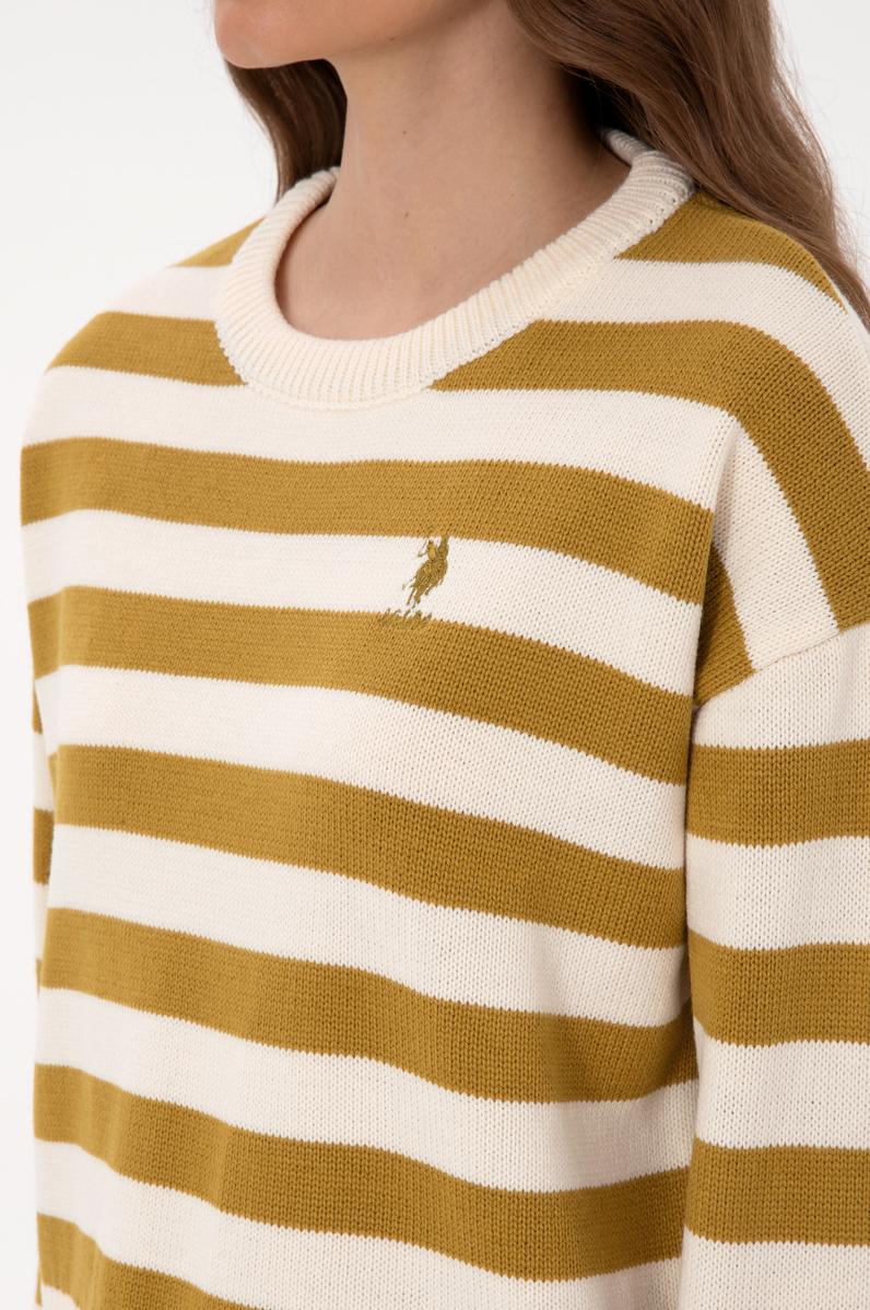 Kadın Krem Çizgili Bisiklet Yaka Kazak