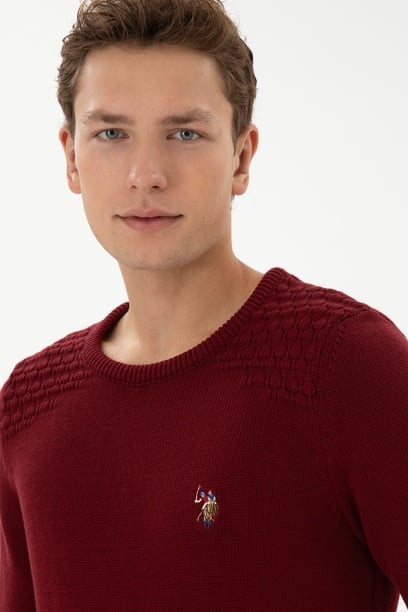 Erkek Slim Fit Bisiklet Yaka Bordo Kazak