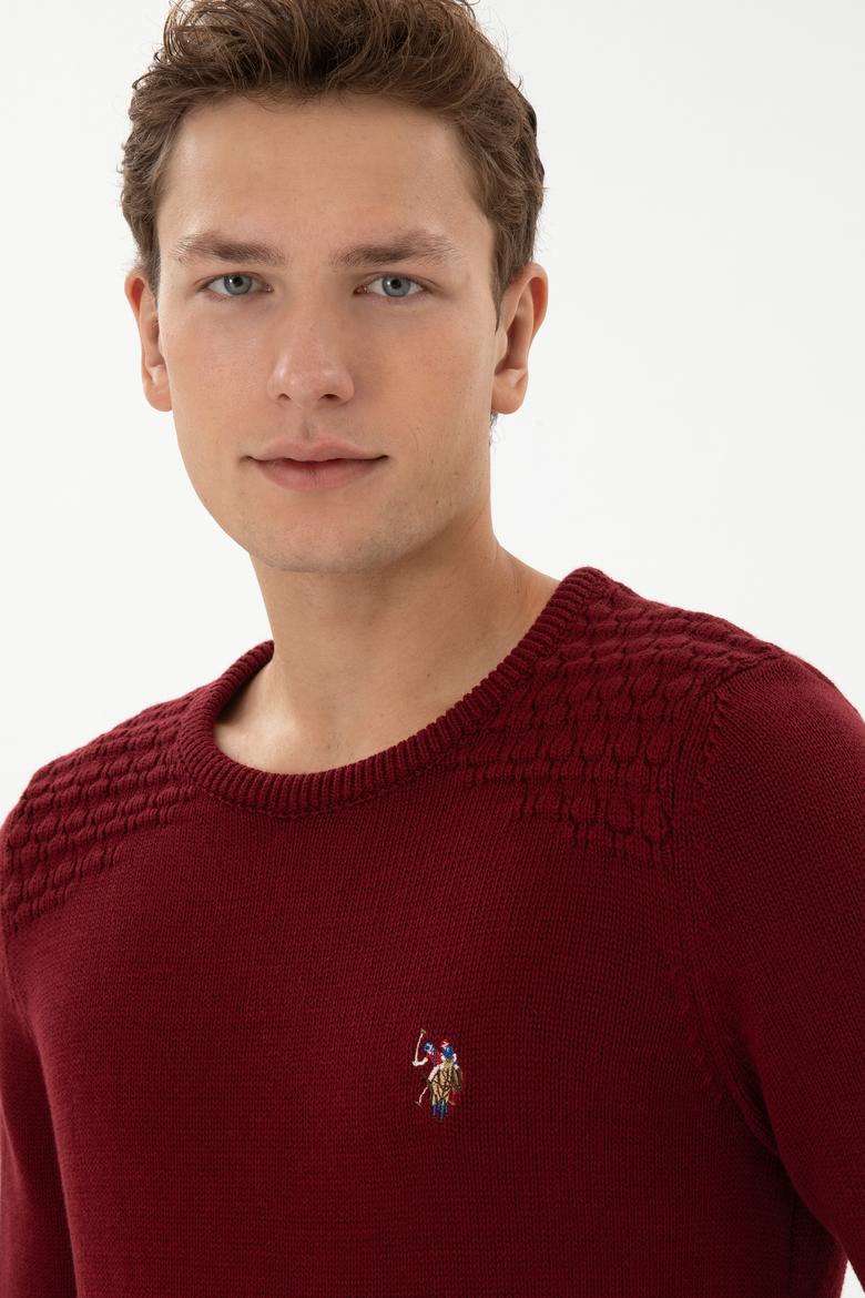 Erkek Slim Fit Bisiklet Yaka Bordo Kazak - 50314975032