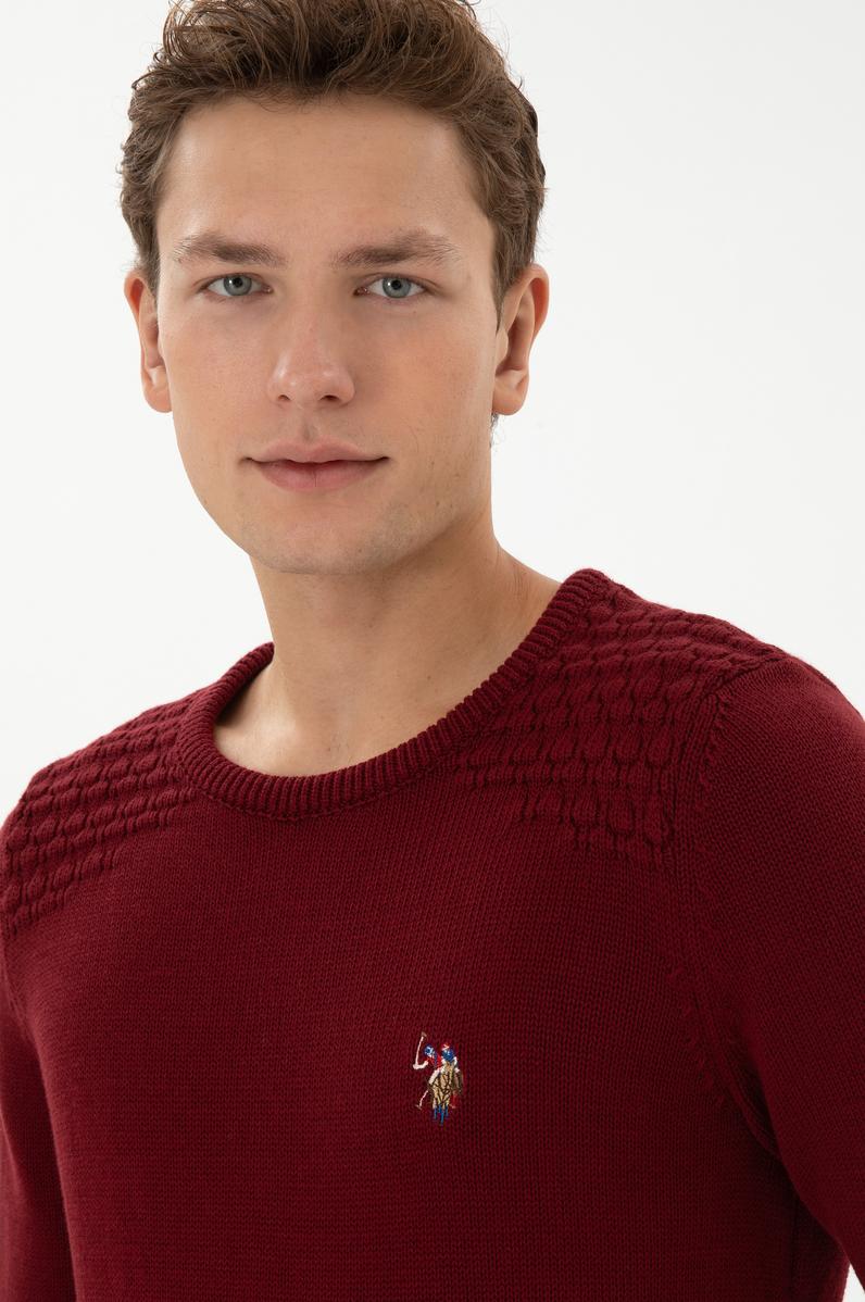 Erkek Slim Fit Bisiklet Yaka Bordo Kazak