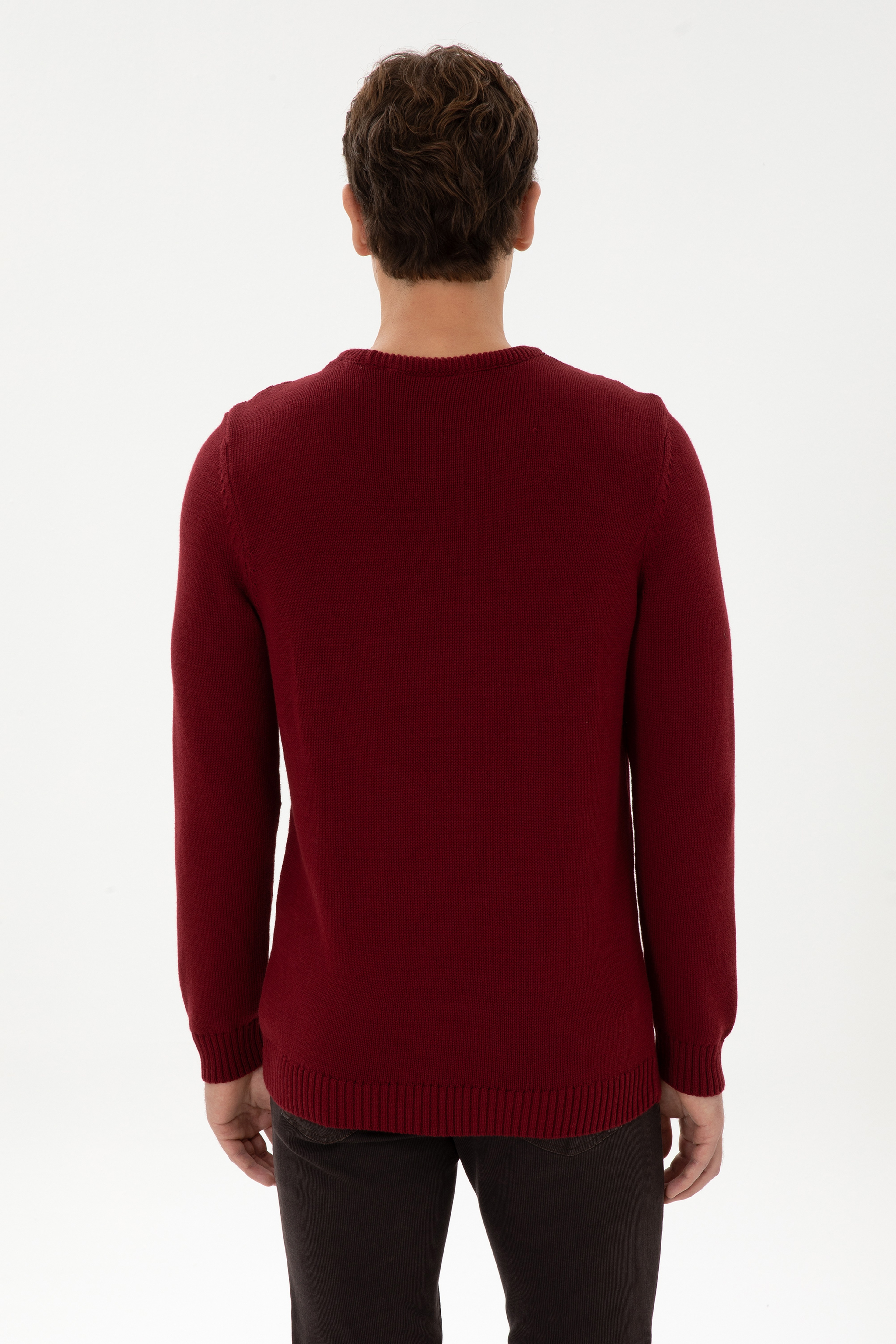 Erkek Slim Fit Bisiklet Yaka Bordo Kazak - Image 5