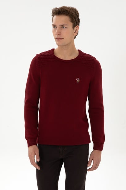 Erkek Slim Fit Bisiklet Yaka Bordo Kazak