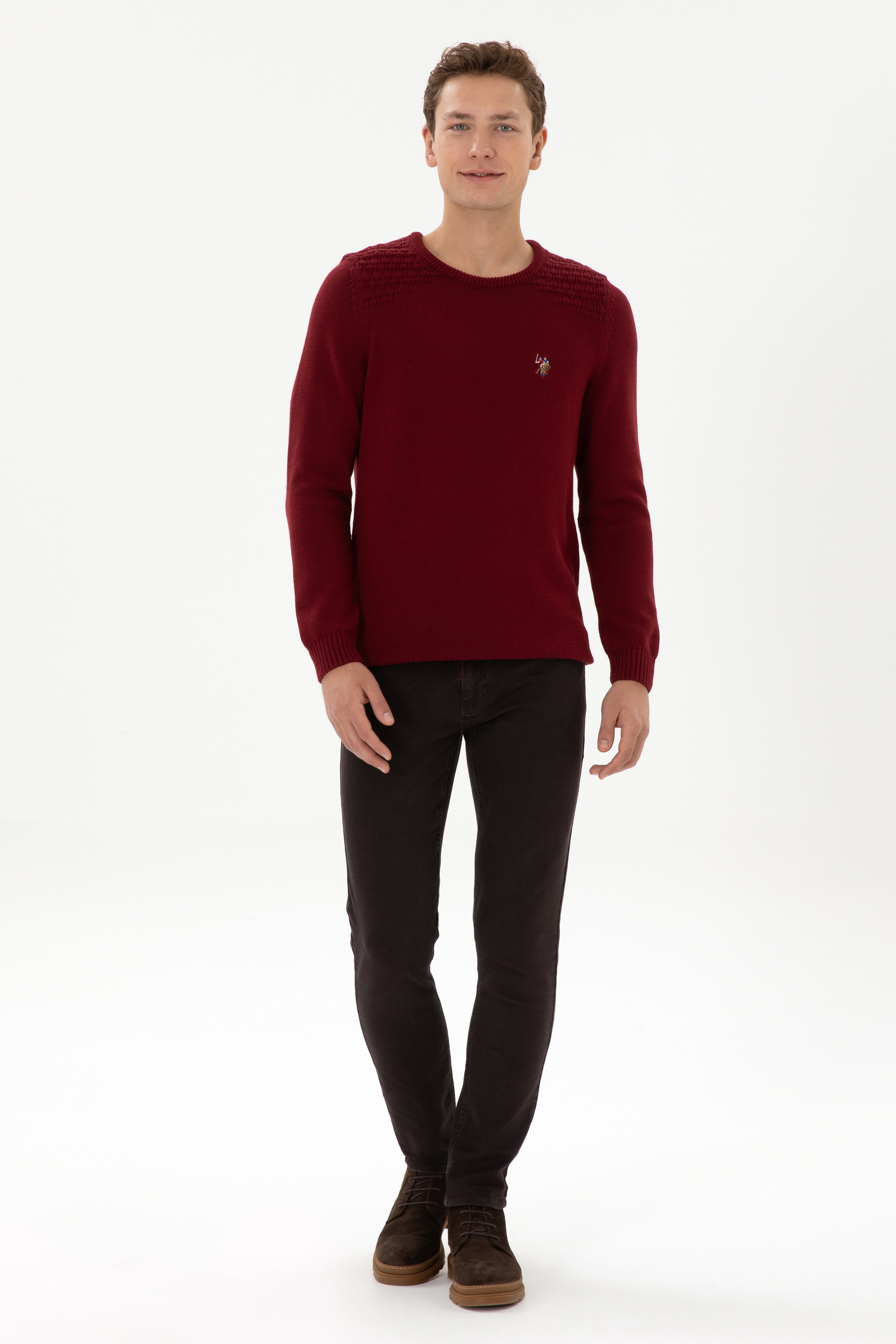 Erkek Slim Fit Bisiklet Yaka Bordo Kazak - Image 4