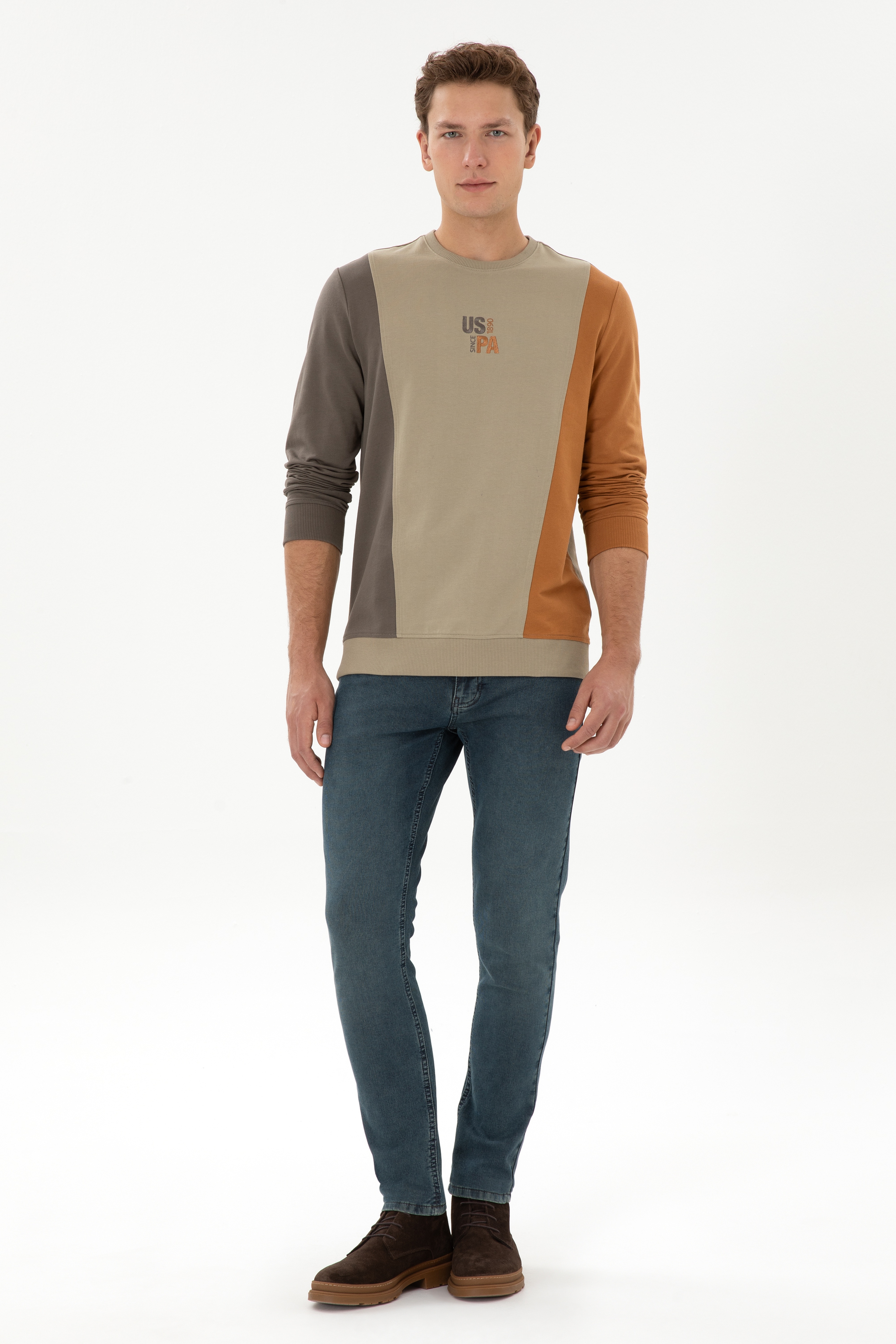 Erkek Regular Fit Bisiklet Yaka
 Açık Haki Sweatshirt