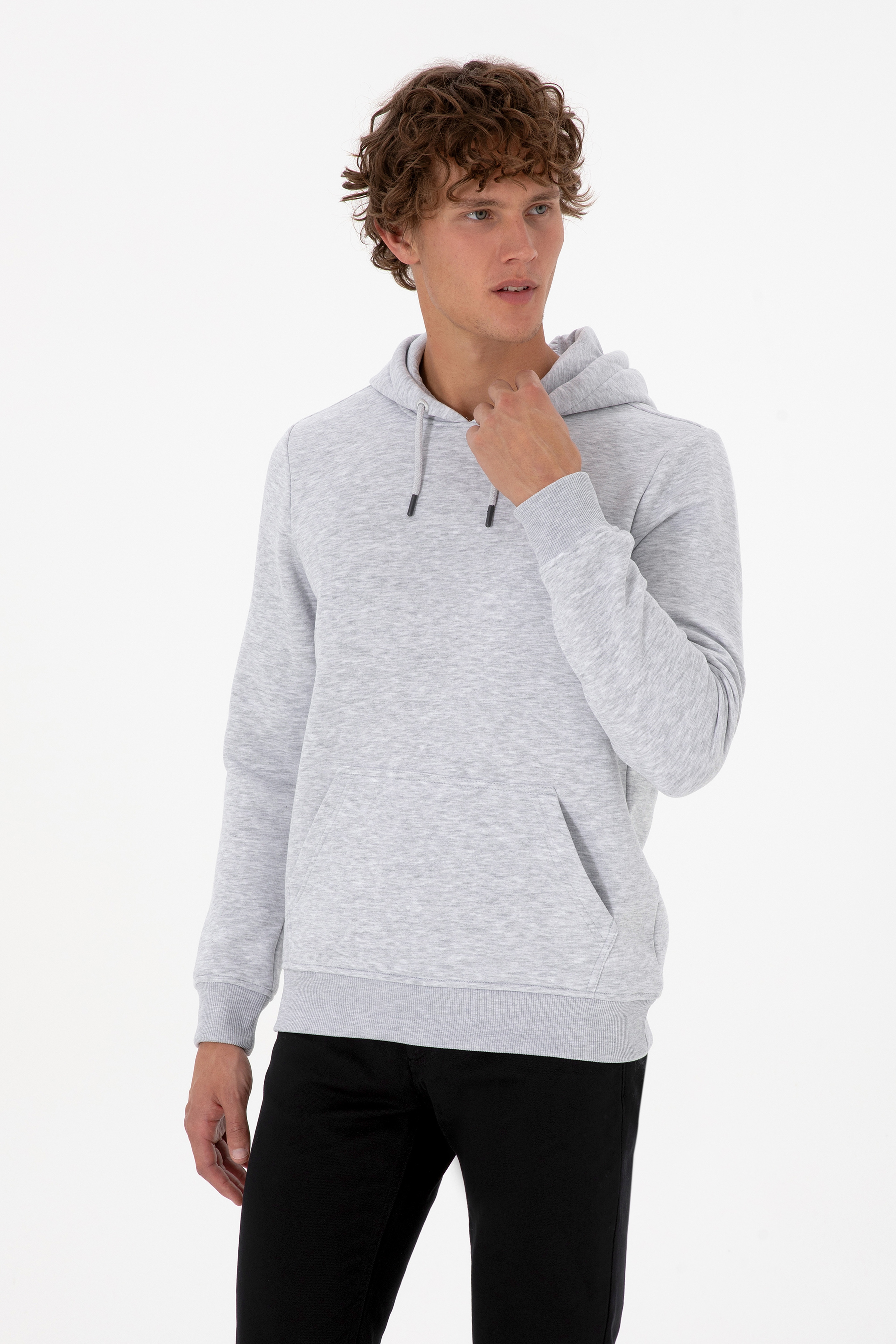 Erkek Regular Fit Kapüşonlu Şardonlu Açık Gri Basic Sweatshirt - Image 1