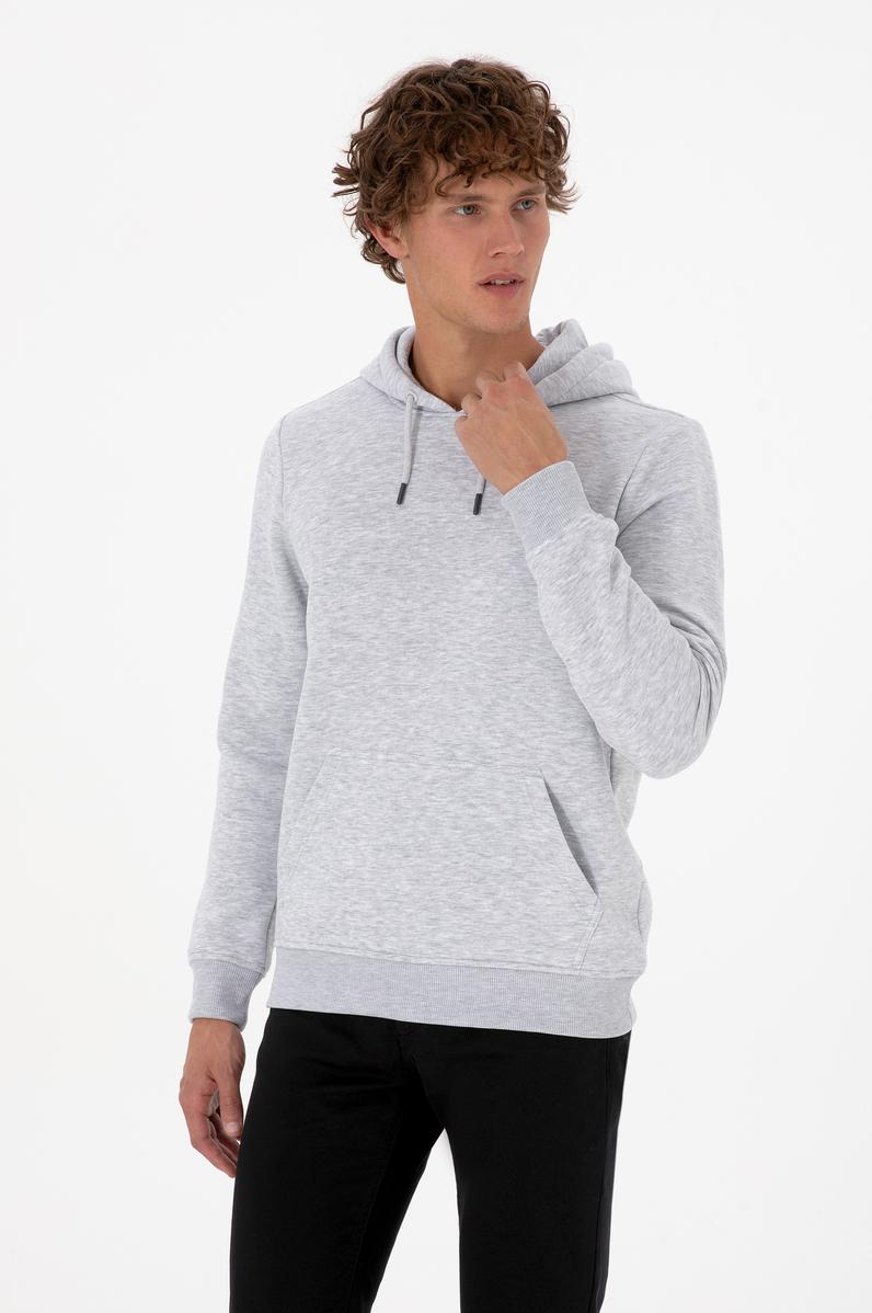 Erkek Regular Fit Kapüşonlu Şardonlu Açık Gri Basic Sweatshirt