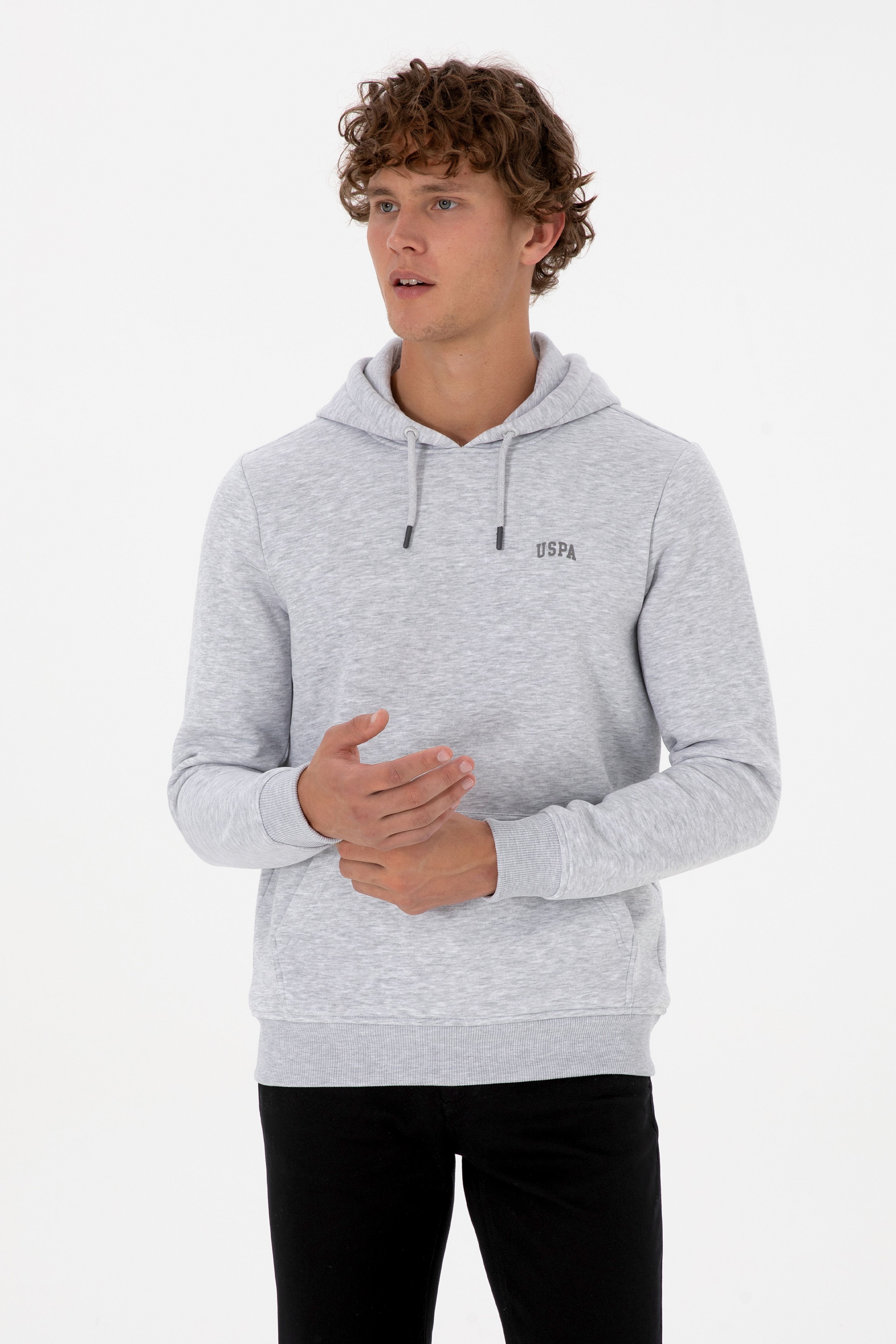 Erkek Regular Fit Kapüşonlu Şardonlu Açık Gri Basic Sweatshirt - Image 3