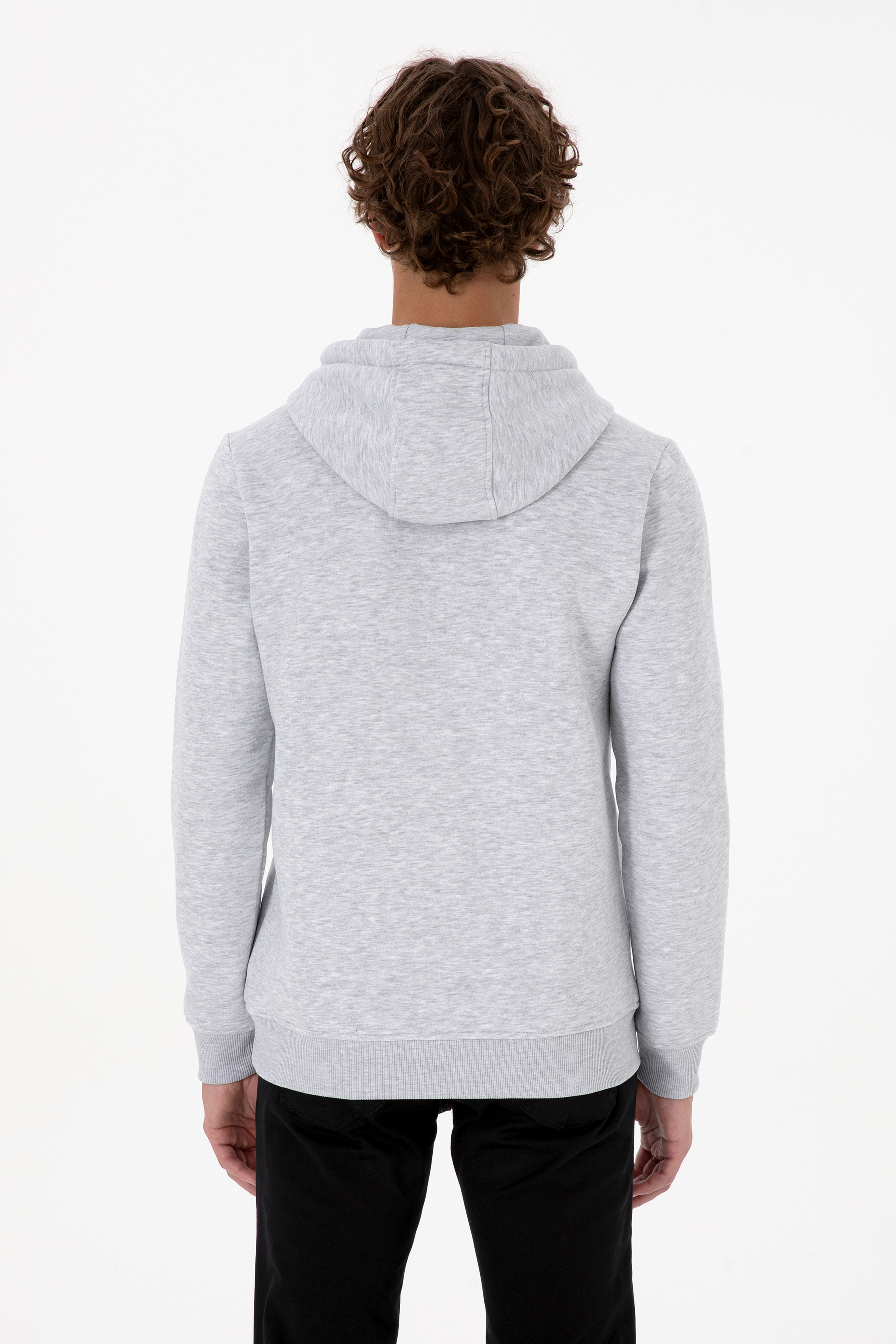 Erkek Regular Fit Kapüşonlu Şardonlu Açık Gri Basic Sweatshirt - Image 5