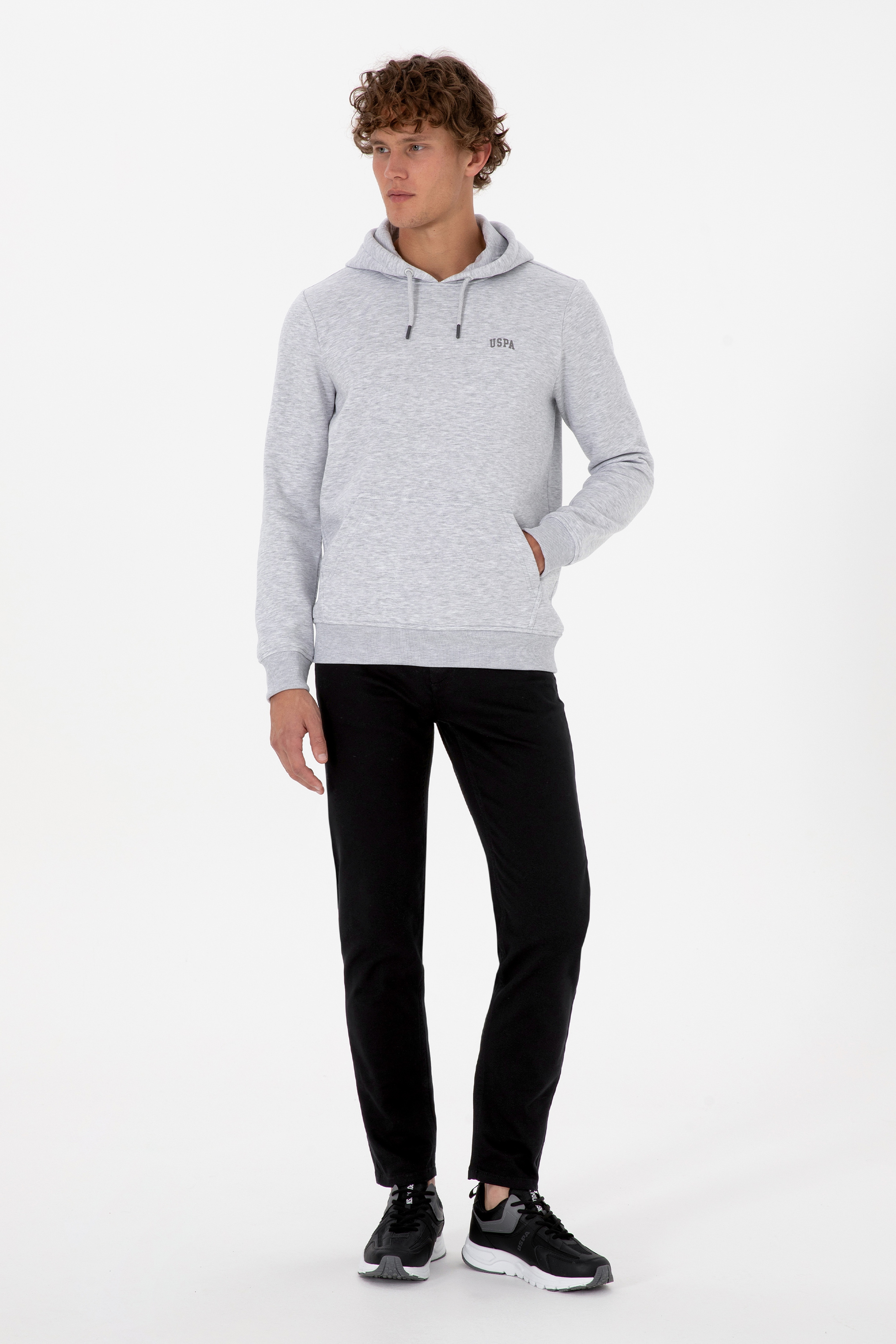 Erkek Regular Fit Kapüşonlu Şardonlu Açık Gri Basic Sweatshirt
