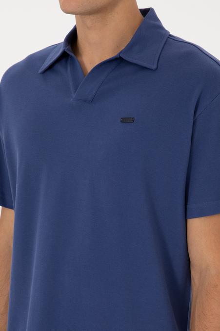 Erkek Comfort Fit Kaçık Yaka İndigo Tişört