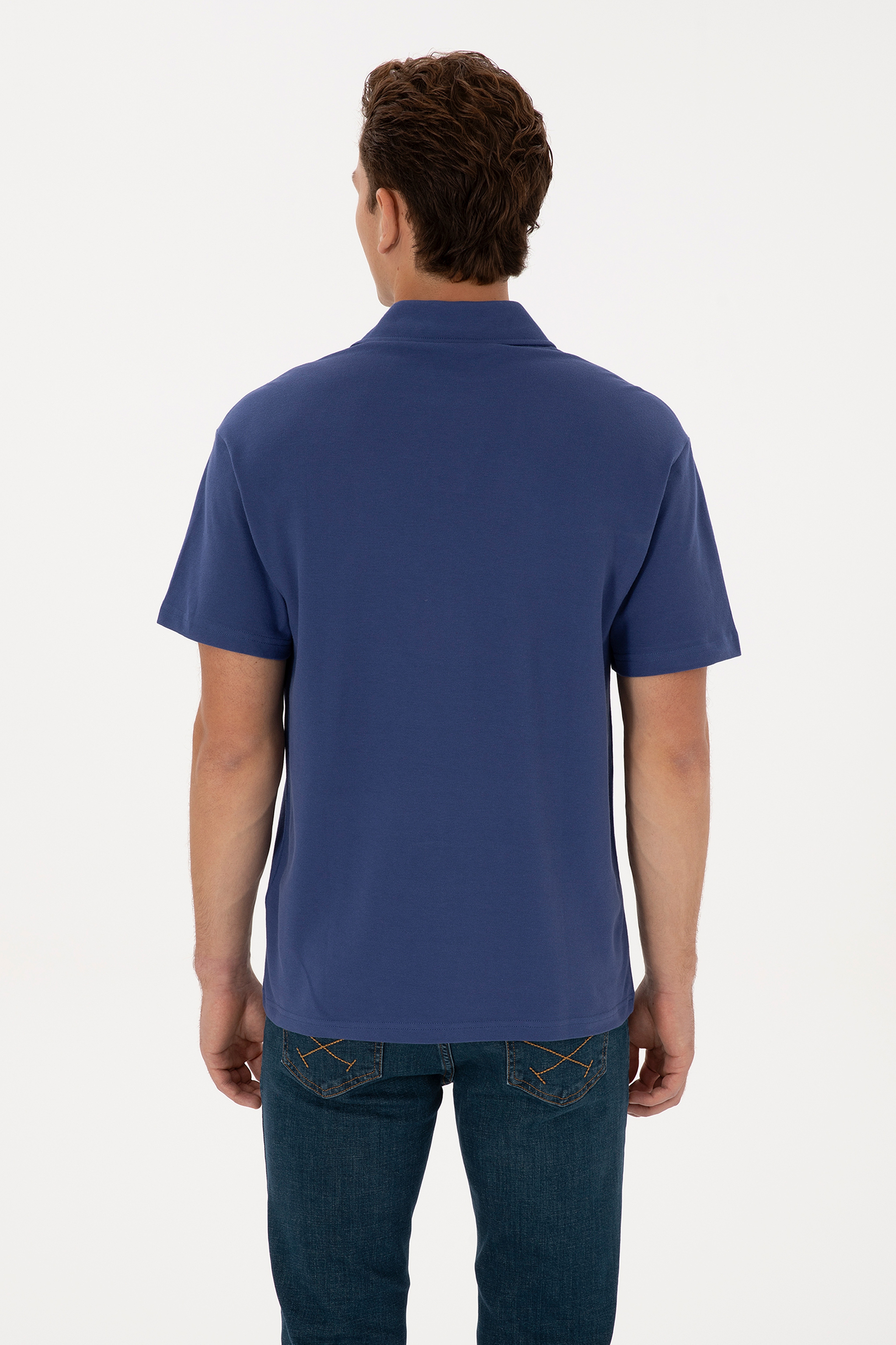 Erkek Comfort Fit Kaçık Yaka İndigo Tişört - Image 5
