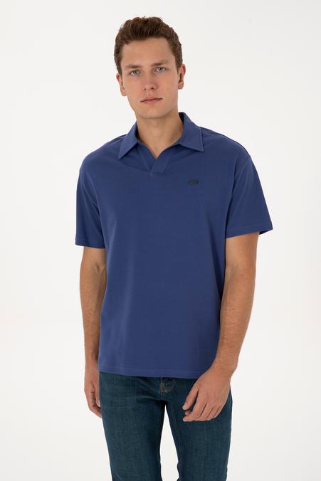 Erkek Comfort Fit Kaçık Yaka İndigo Tişört