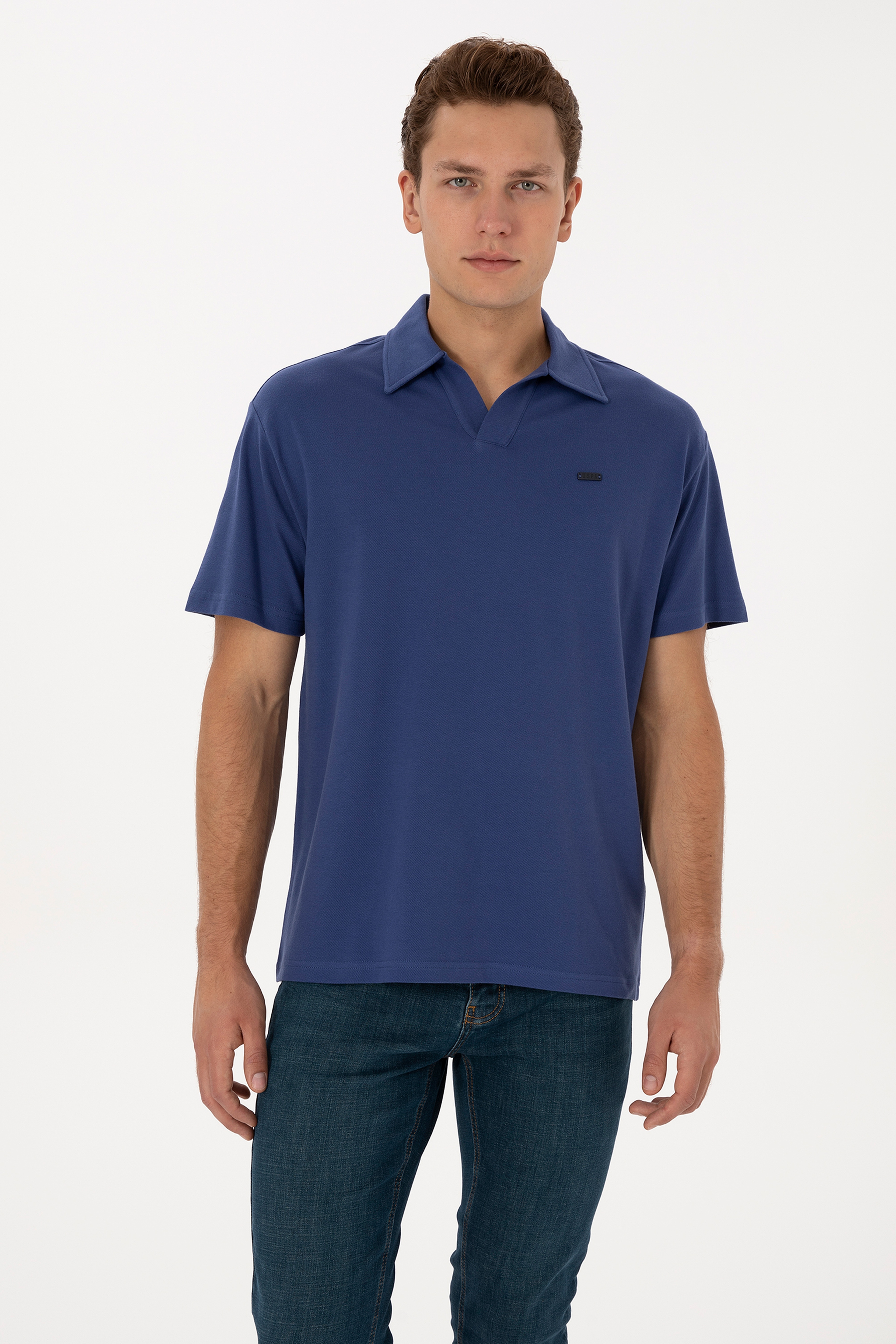 Erkek Comfort Fit Kaçık Yaka İndigo Tişört - Image 3