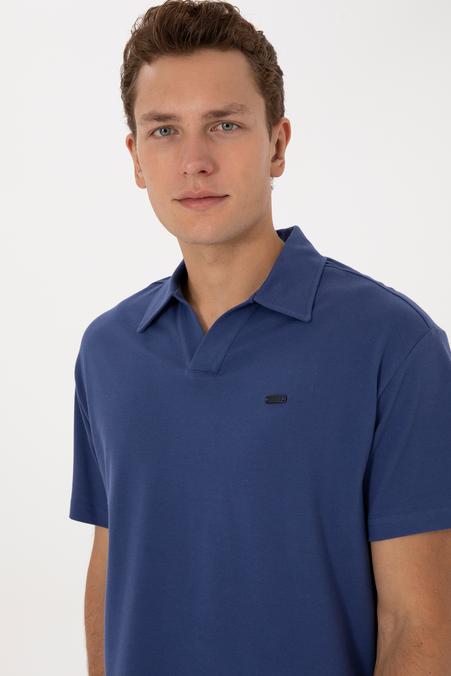 Erkek Comfort Fit Kaçık Yaka İndigo Tişört