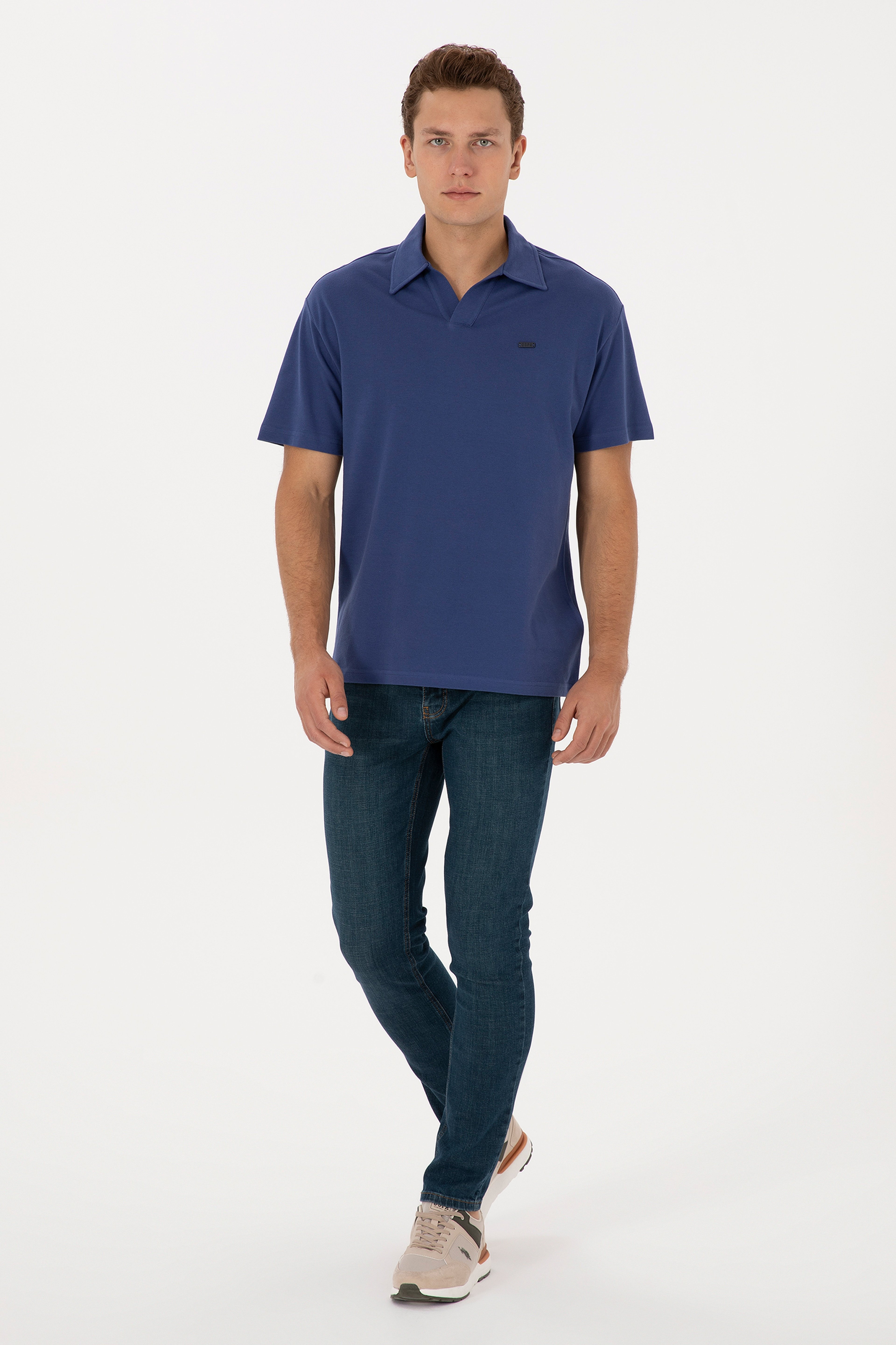 Erkek Comfort Fit Kaçık Yaka İndigo Tişört - Image 4
