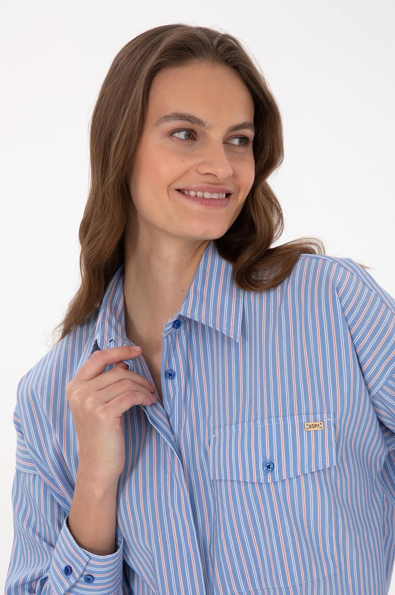 Kadın Saks Çizgili Uzun Kollu Gömlek