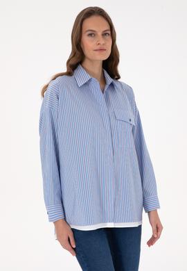 Kadın Saks Çizgili Uzun Kollu Gömlek - 50316369020
