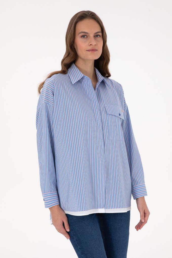 Kadın Saks Çizgili Uzun Kollu Gömlek