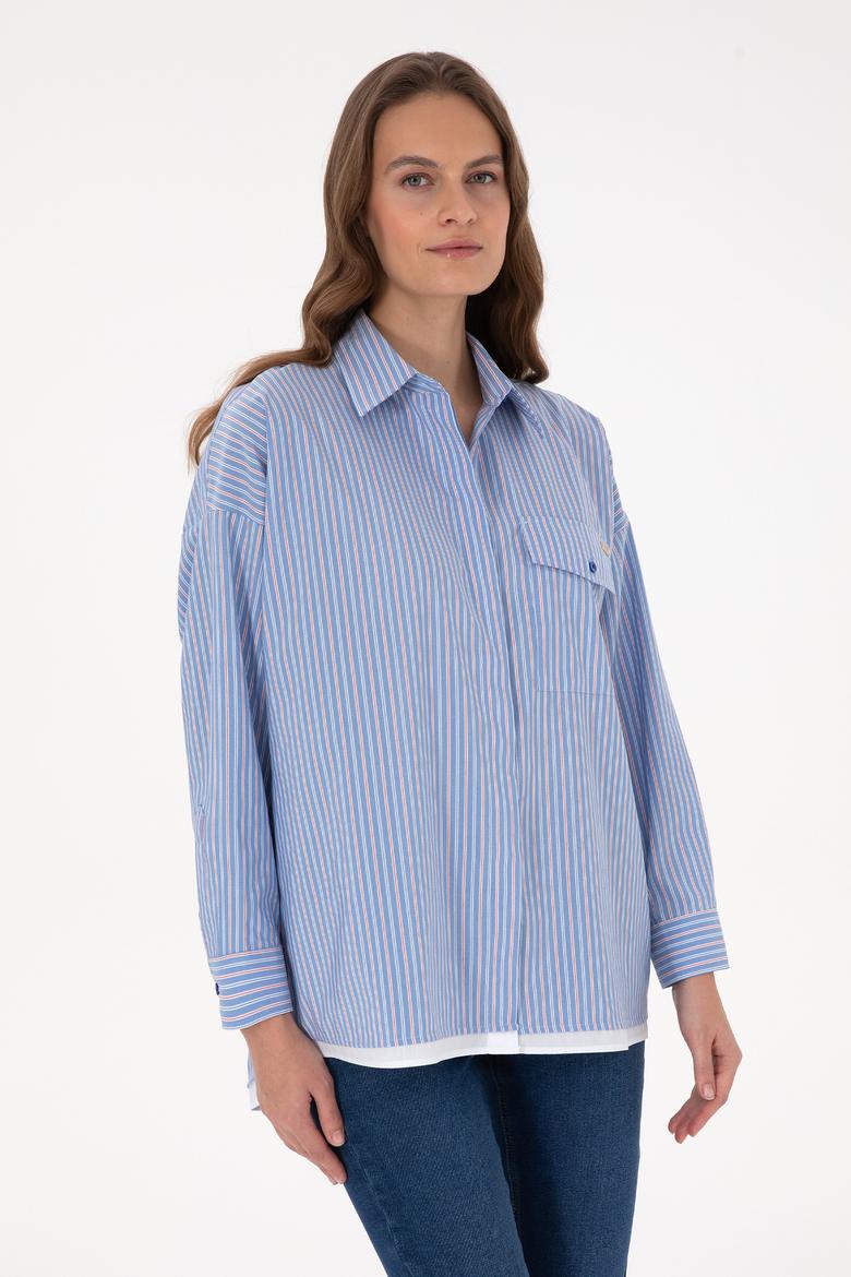 Kadın Saks Çizgili Uzun Kollu Gömlek