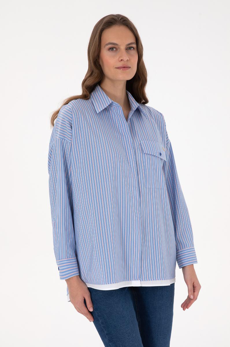Kadın Saks Çizgili Uzun Kollu Gömlek