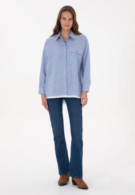 Kadın Saks Çizgili Uzun Kollu Gömlek - 50316369020