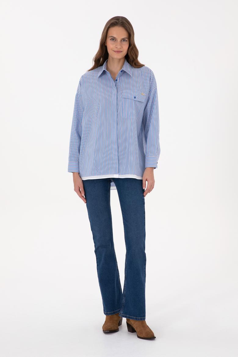 Kadın Saks Çizgili Uzun Kollu Gömlek - 50316369020
