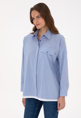 Kadın Saks Çizgili Uzun Kollu Gömlek - 50316369020