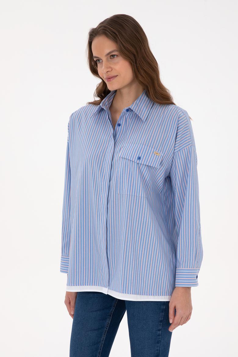 Kadın Saks Çizgili Uzun Kollu Gömlek - 50316369020