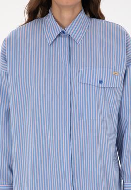 Kadın Saks Çizgili Uzun Kollu Gömlek - 50316369020