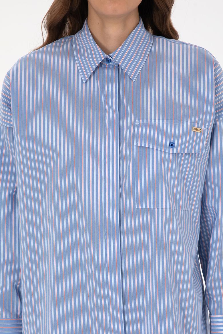 Kadın Saks Çizgili Uzun Kollu Gömlek - 50316369020