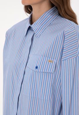 Kadın Saks Çizgili Uzun Kollu Gömlek - 50316369020