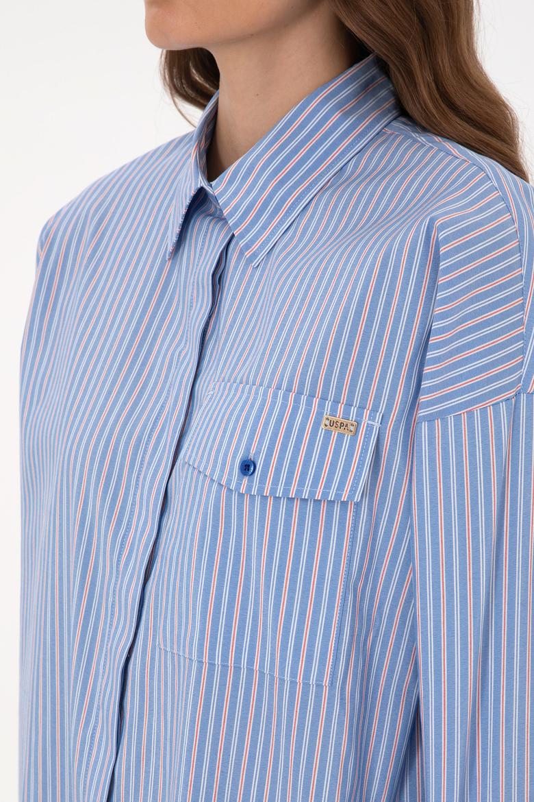 Kadın Saks Çizgili Uzun Kollu Gömlek - 50316369020