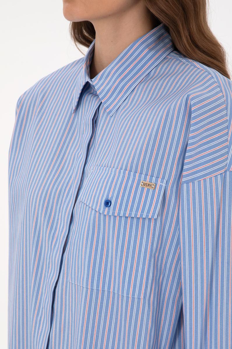 Kadın Saks Çizgili Uzun Kollu Gömlek