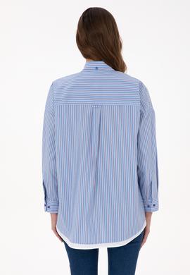 Kadın Saks Çizgili Uzun Kollu Gömlek - 50316369020