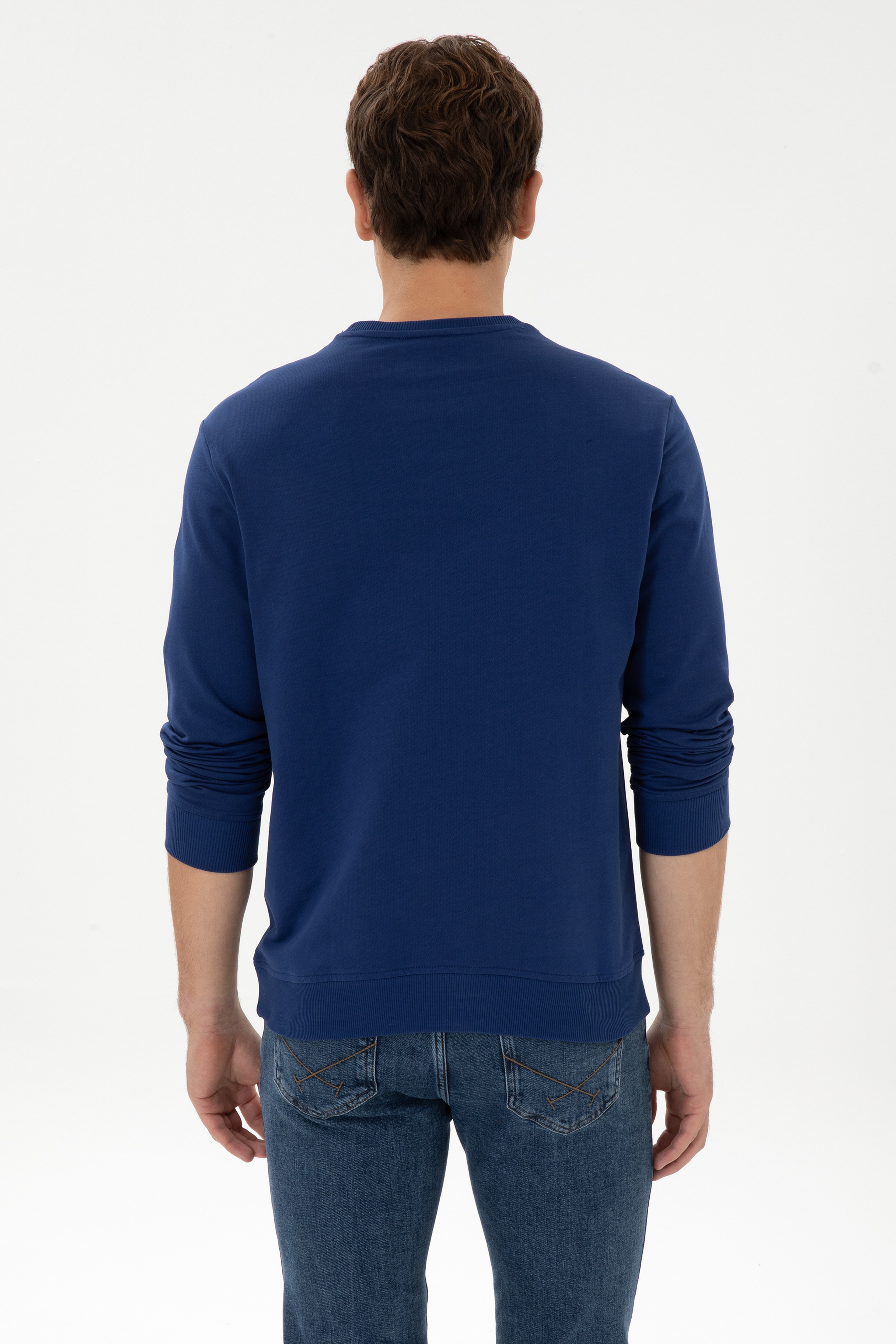 Erkek Regular Fit Bisiklet Yaka İndigo Basic Sweatshirt - Image 5
