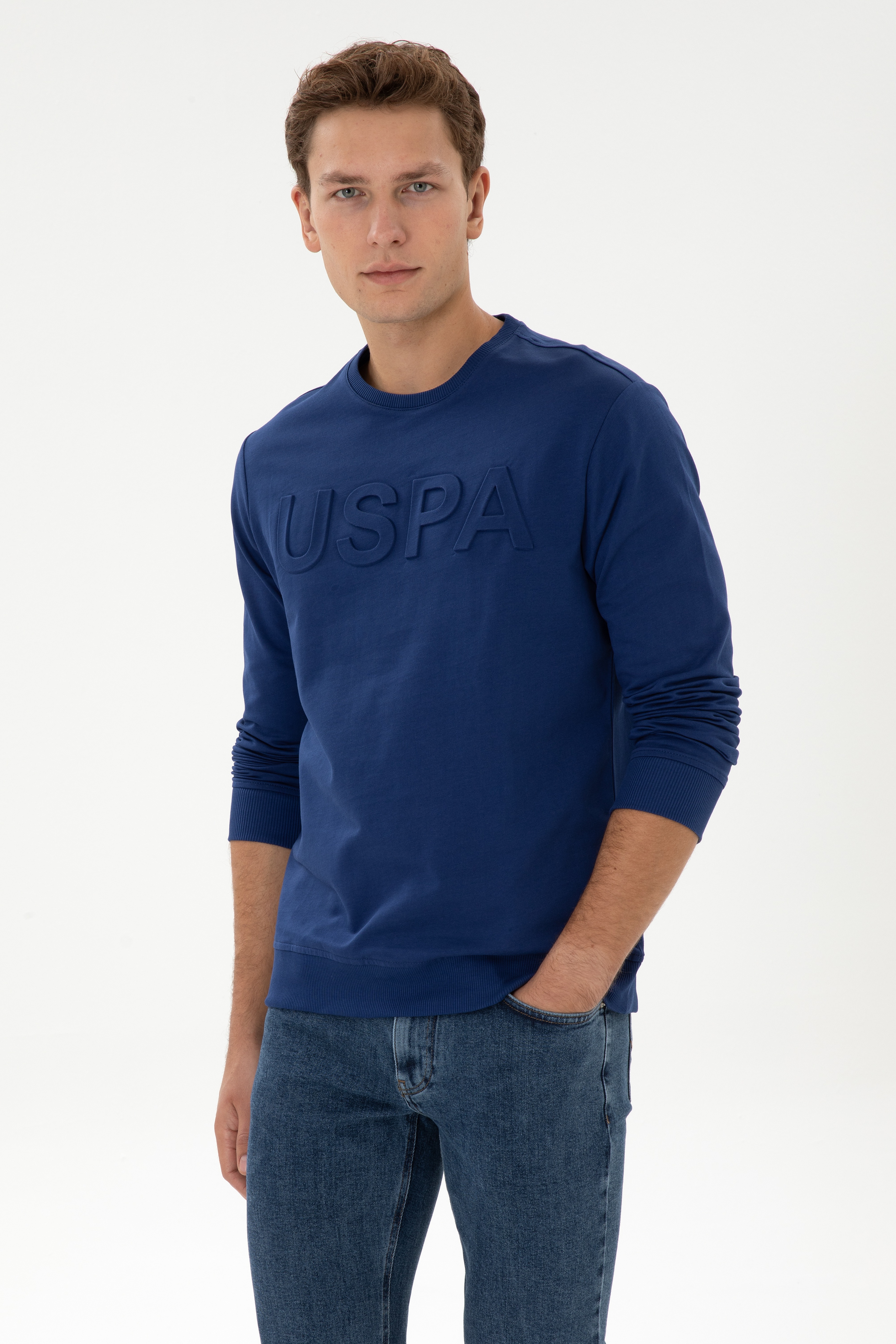 Erkek Regular Fit Bisiklet Yaka İndigo Basic Sweatshirt - Image 1