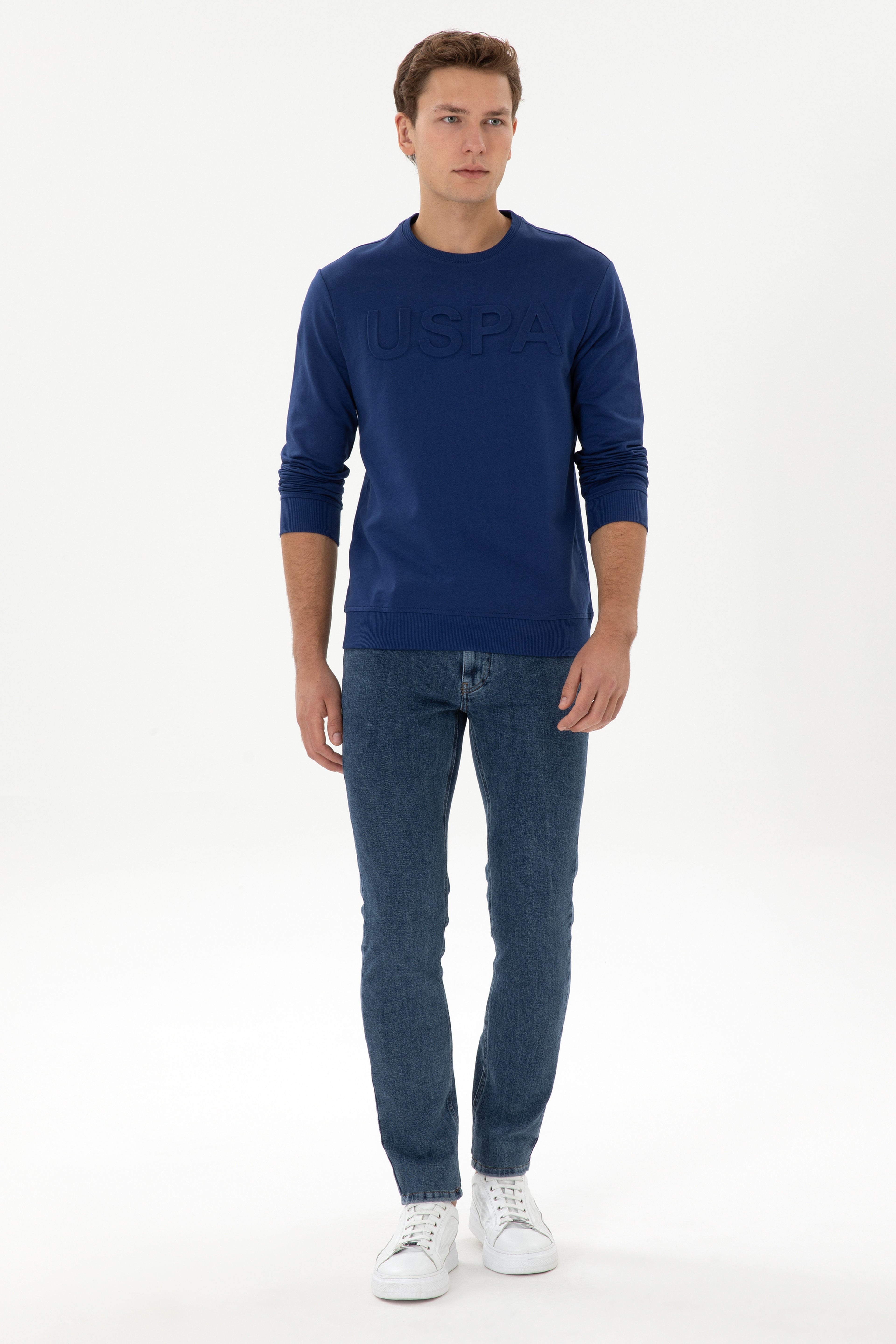 Erkek Regular Fit Bisiklet Yaka İndigo Basic Sweatshirt