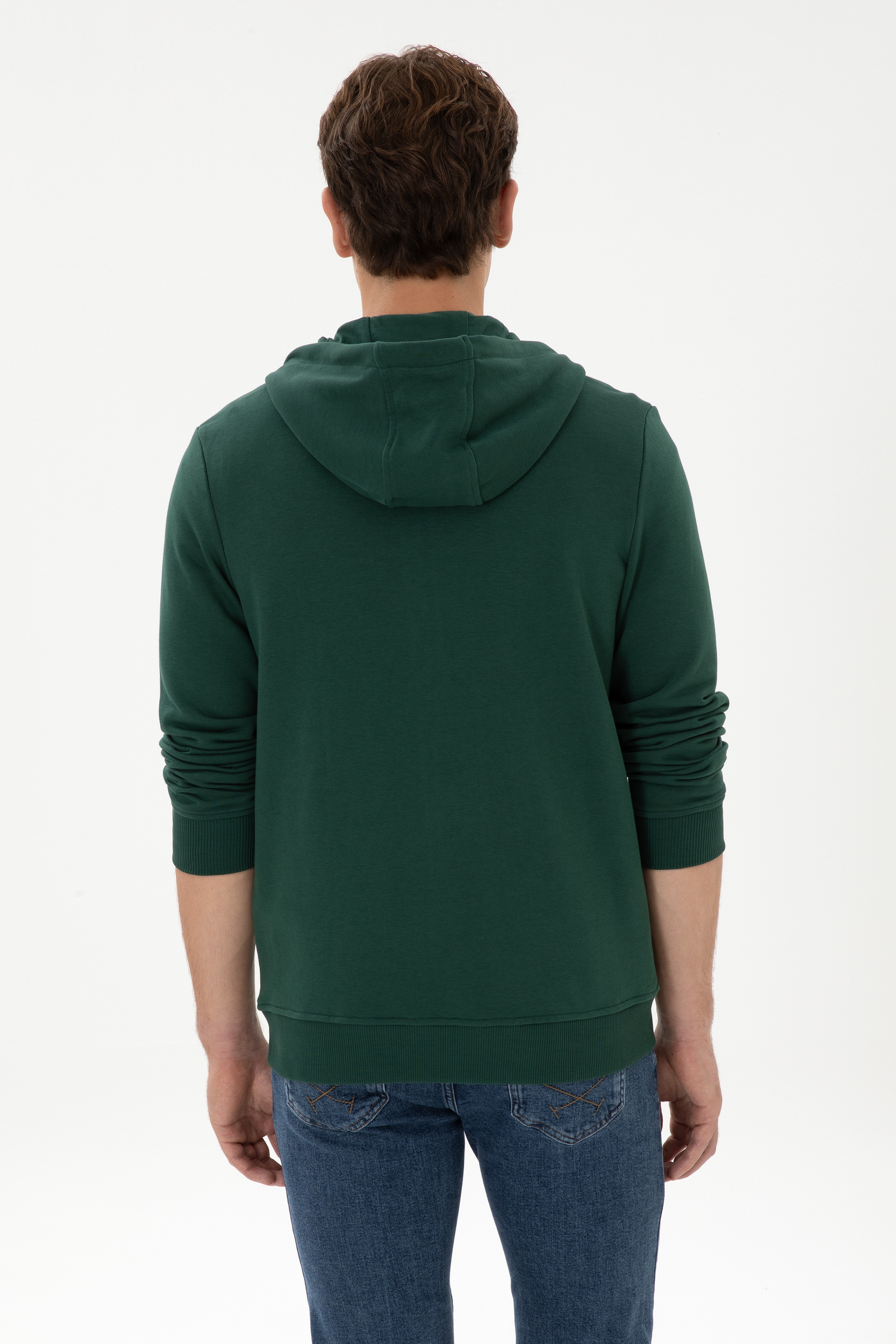 Erkek Regular Fit Regular Fit Fermuarlı Kapüşonlu Koyu Yeşil Örme Hırka