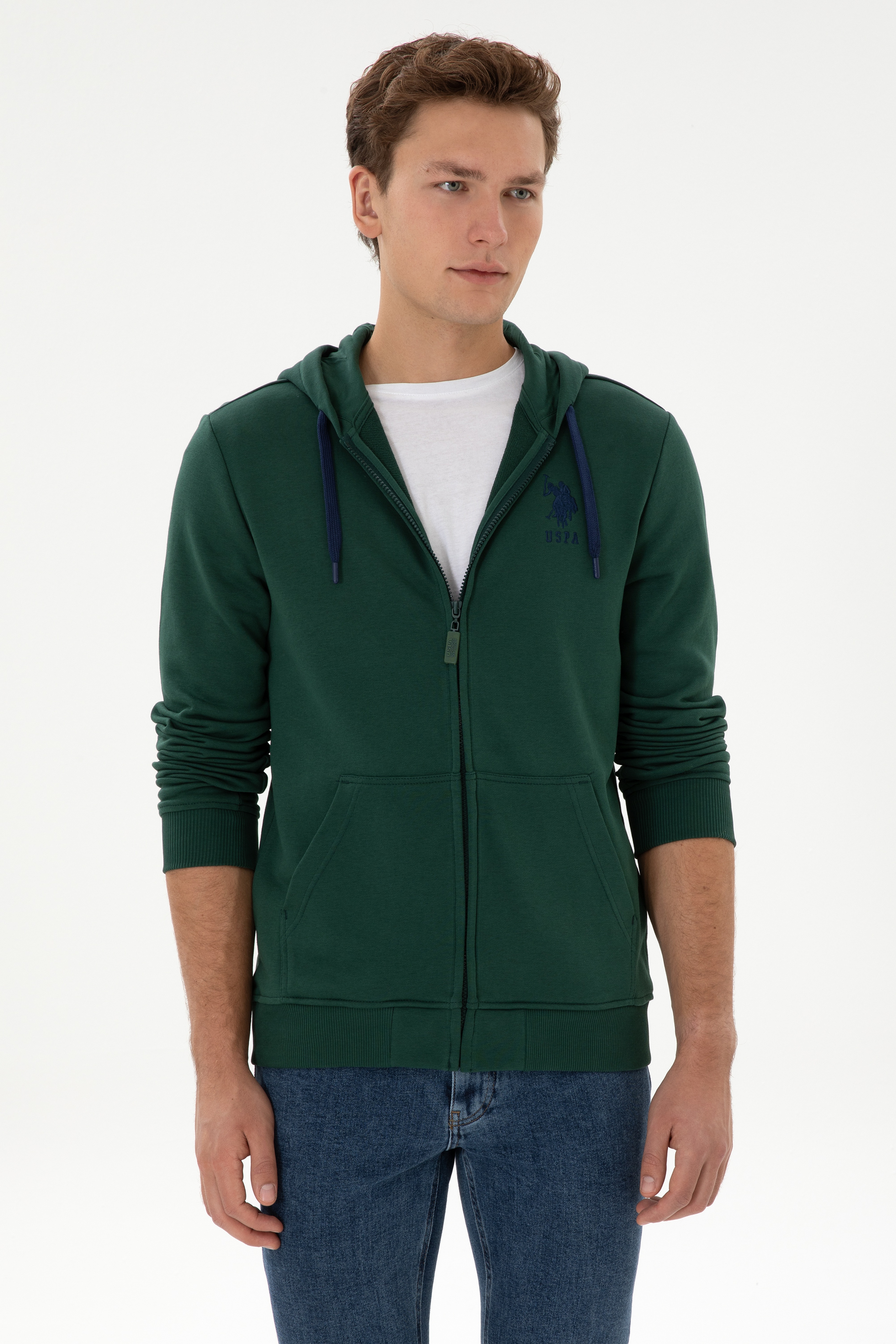 Erkek Regular Fit Regular Fit Fermuarlı Kapüşonlu Koyu Yeşil Örme Hırka - Image 3