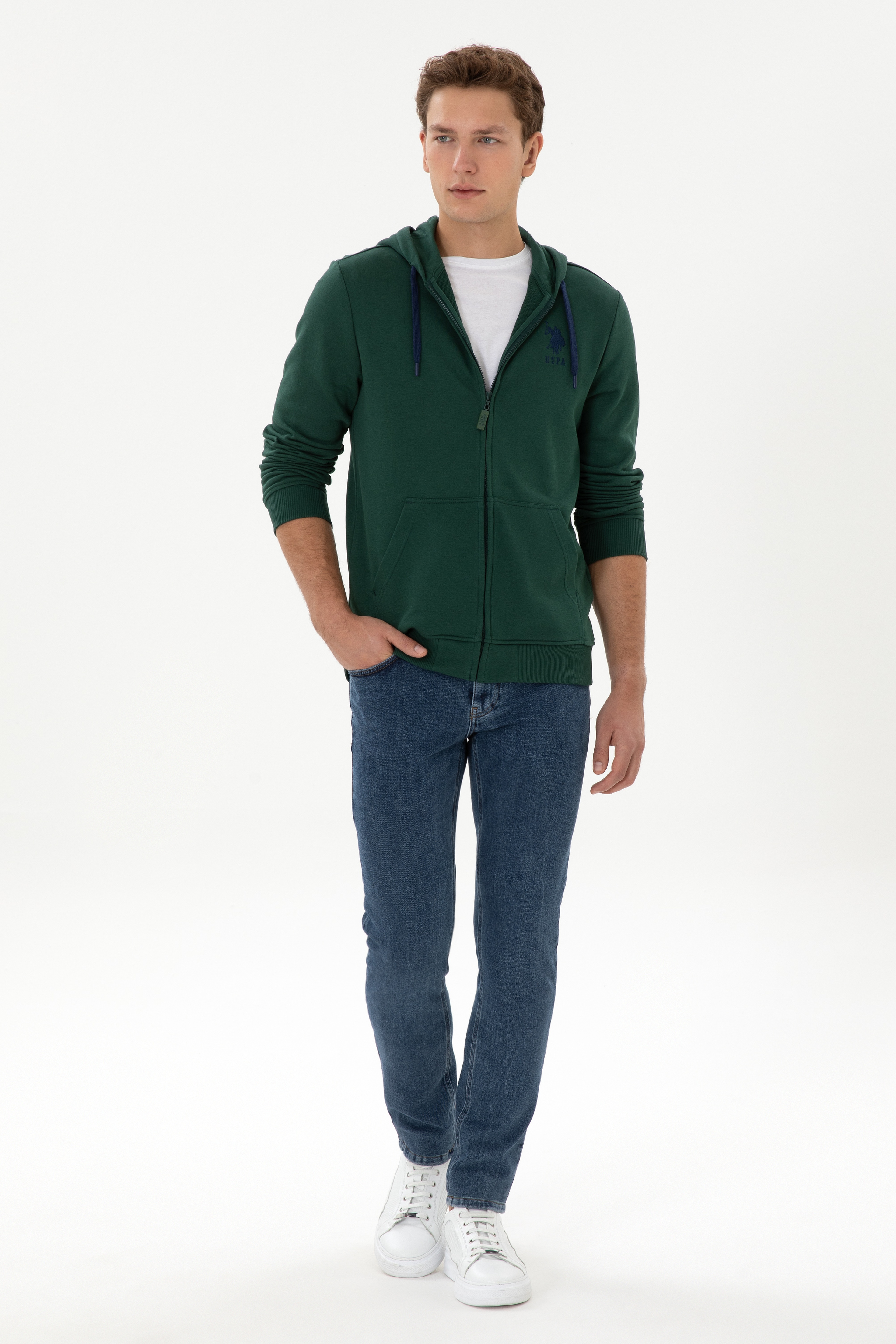Erkek Regular Fit Regular Fit Fermuarlı Kapüşonlu Koyu Yeşil Örme Hırka - Image 4
